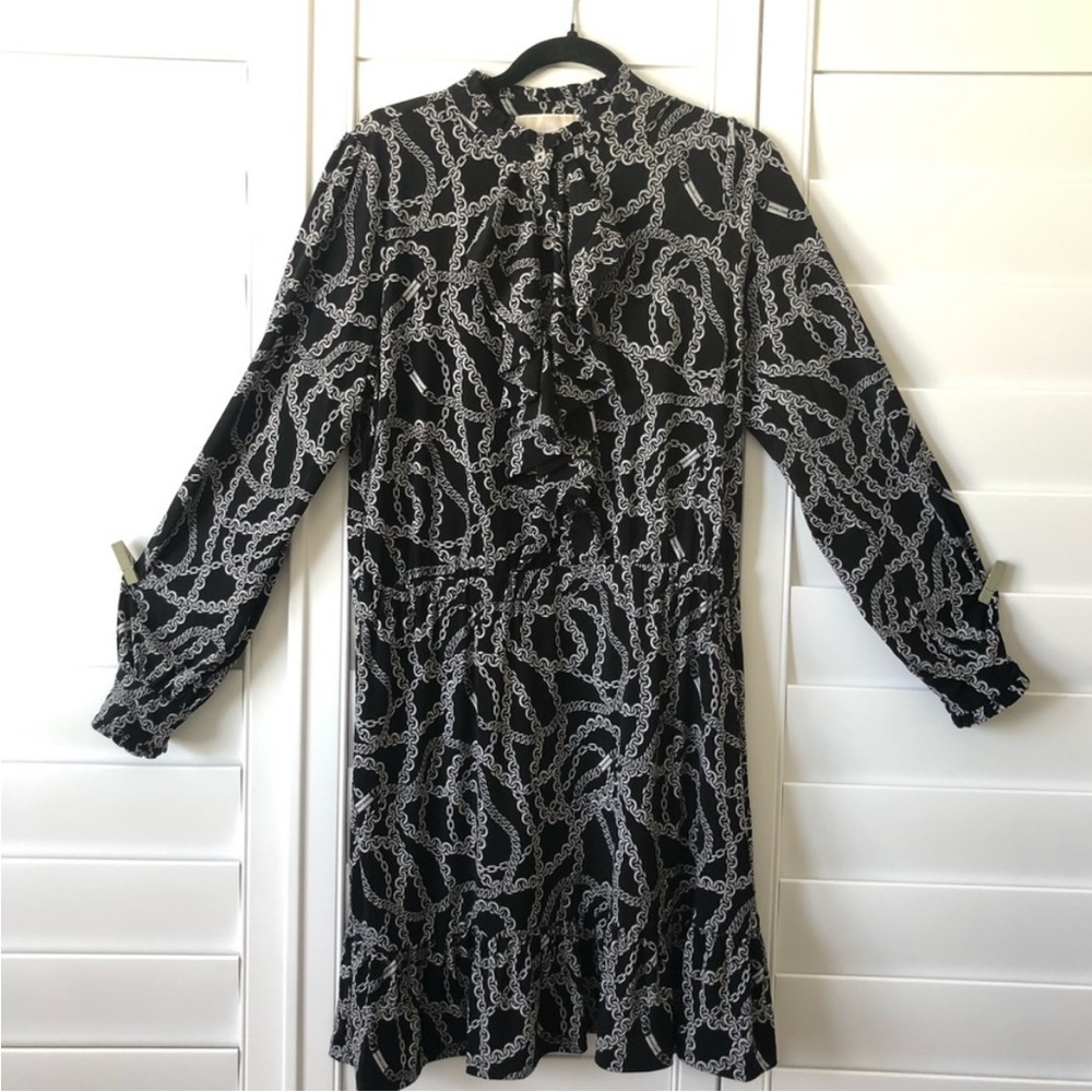 Michael Kors Black and White Chain Print Dress with Ruffle size Medium